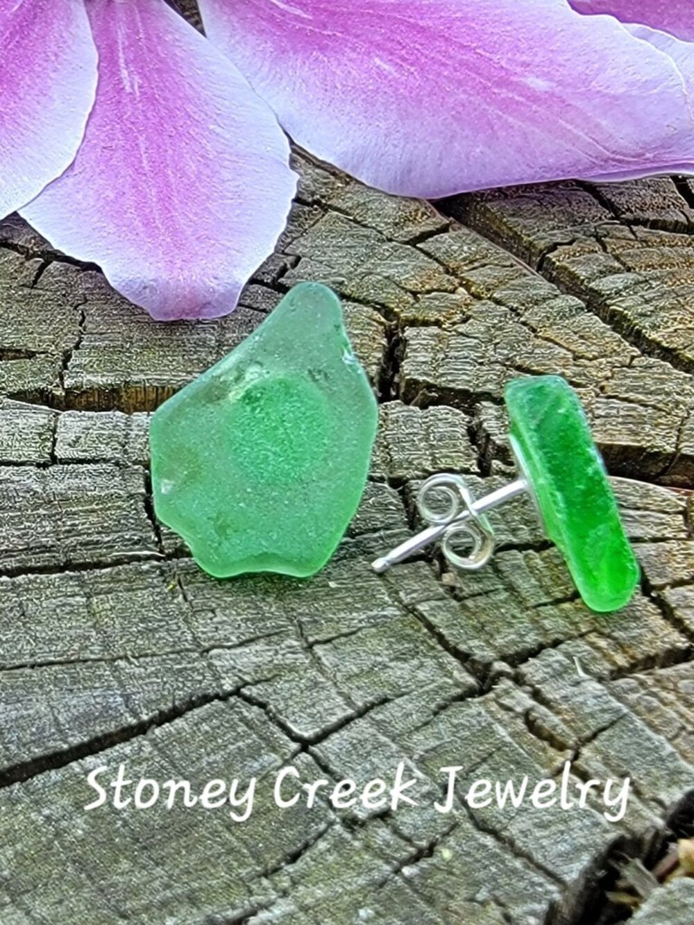 Michigan Beach Glass .925 Sterling Silver Green Stud Earrings Handmade